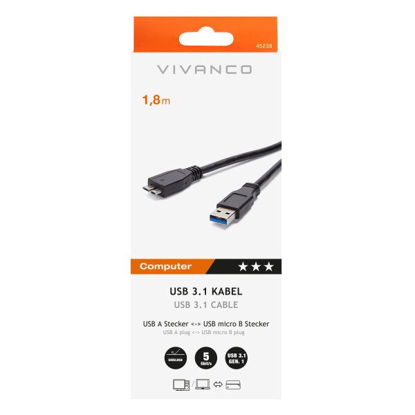 VIVANCO USB 3.1 GEN1 TYPE A TO TYPE B MICRO USB CABLE 1.8m black