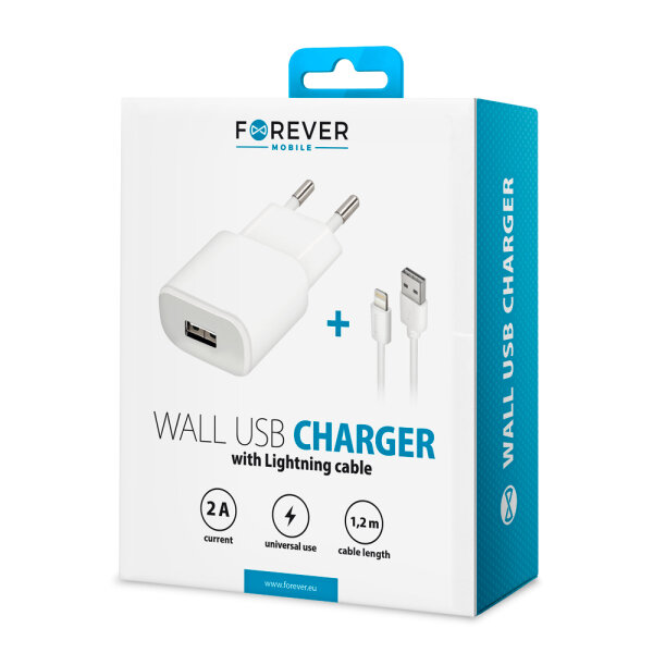 FOREVER TRAVEL CHARGER 2A + LIGHTNING DATA CABLE white