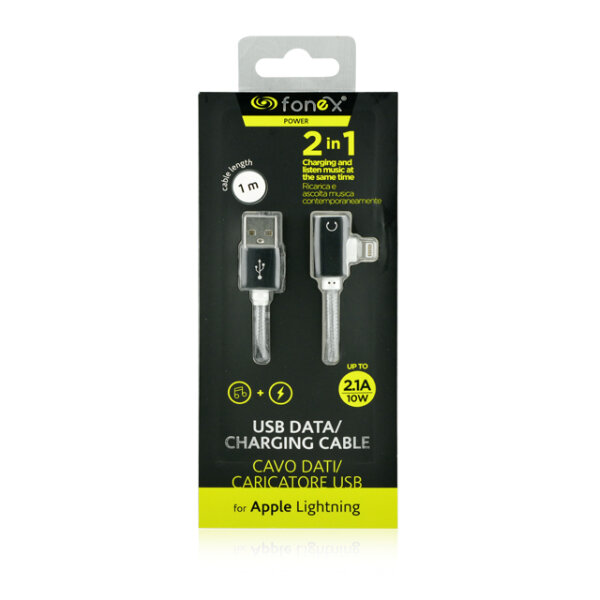 FONEX 2 in 1 DATA CABLE MUSIC AND CHARGE LIGHTNING 1m black