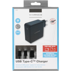 VIVANCO TRAVEL CHARGER TYPE C PORT + DATA CABLE TYPE C 30W FOR NOTEBOOK black
