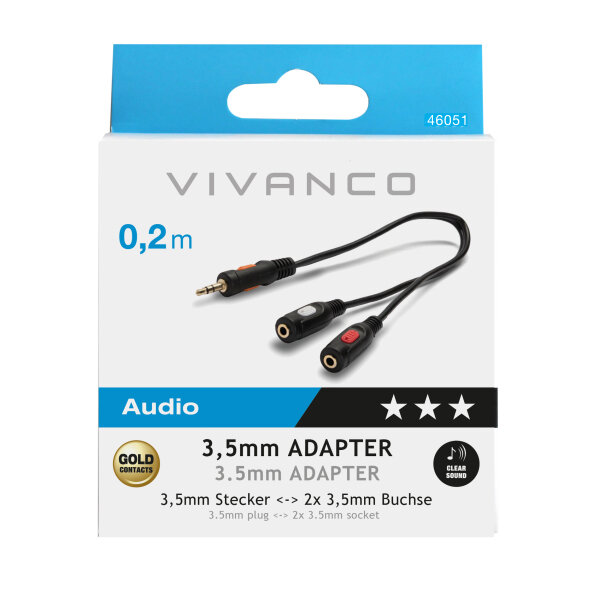 VIVANCO AUDIO CONNECTION CABLE 3.5mm TO 2X 3.5mm GOLD PLATED 0.2m