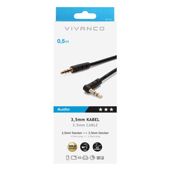 VIVANCO AUDIO CONNECTION CABLE 3.5mm JACK to ANGLED 3.5mm JACK 0.5m