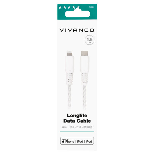 VIVANCO LONGLIFE MFI DATA CABLE TYPE C TO LIGHTNING 30W 1.5m white
