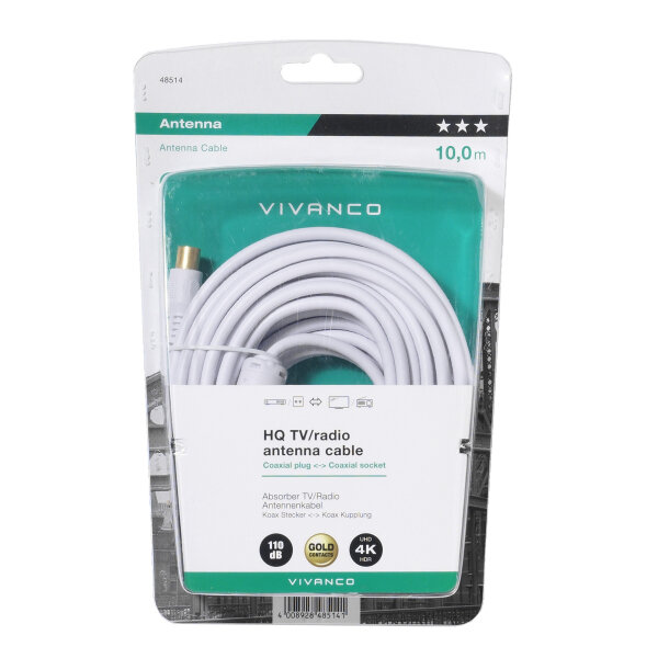 VIVANCO ANTENNA CABLE 10m COAX PLUG-COAX SOCKET FERRITE 110 dB white