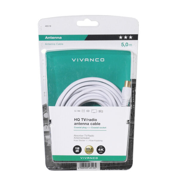 VIVANCO ANTENNA CABLE 5m COAX PLUG-COAX SOCKET FERRITE 110 dB white