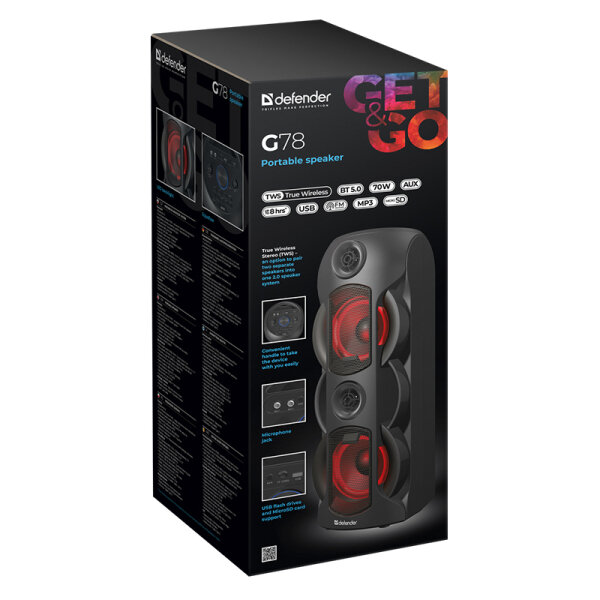 DEFENDER PORTABLE BLUETOOTH SPEAKER G78 70W black BT/FM/TF/USB/MIC/LIGHT