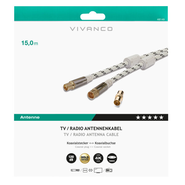 VIVANCO ANTENNA CABLE 15m COAX PLUG-COAX SOCKET 120 dB white