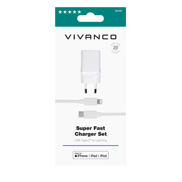 VIVANCO TRAVEL CHARGER MFI PD3.0 20W TYPE C PORT + LIGHTNING DATA CABLE white
