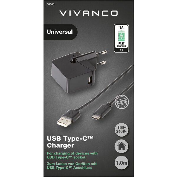 VIVANCO TRAVEL CHARGER 3A + DATA CABLE TYPE C 1m black