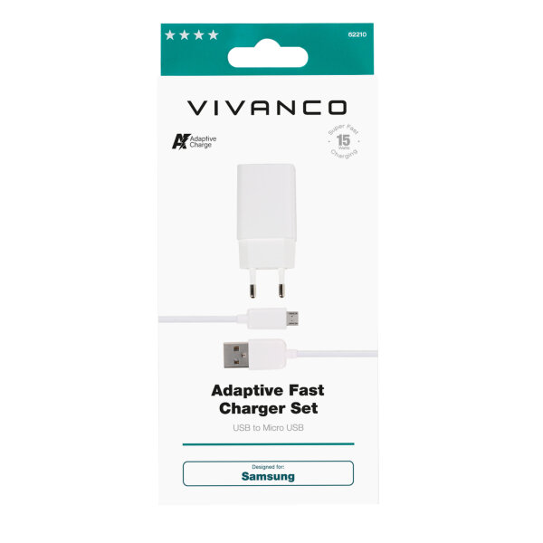 VIVANCO TRAVEL CHARGER ADAPTIVE CHARGE 15W + DATA CABLE MICRO USB 1m  FOR SAMSUNG white
