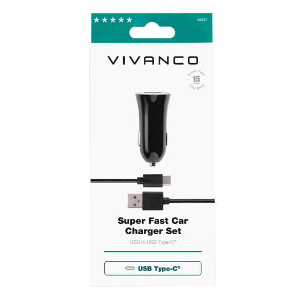 VIVANCO CAR CHARGER 3A + DATA CABLE TYPE C 1m black