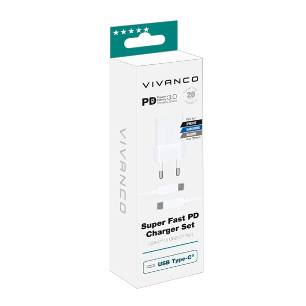 VIVANCO TRAVEL CHARGER PD 3.0 20W + DATA CABLE TYPE C white