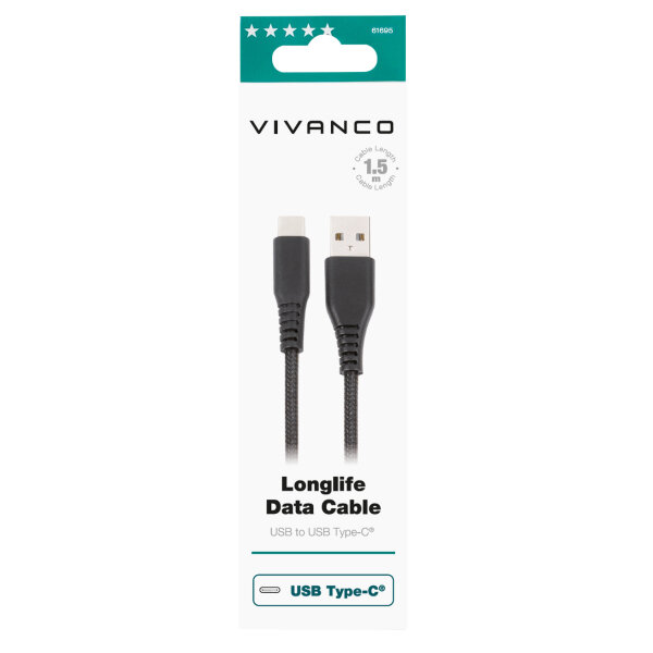 VIVANCO LONGLIFE DATA CABLE USB TO TYPE C 18W 1.5m black
