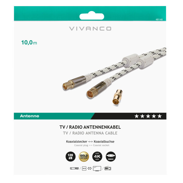 VIVANCO ANTENNA CABLE 10m COAX PLUG-COAX SOCKET FERRITE 120 dB white