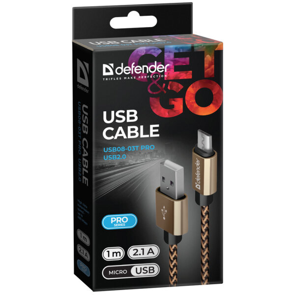 DEFENDER USB TO MICRO USB BRAIDED FABRIC DATA CABLE 2.1 A  1m gold