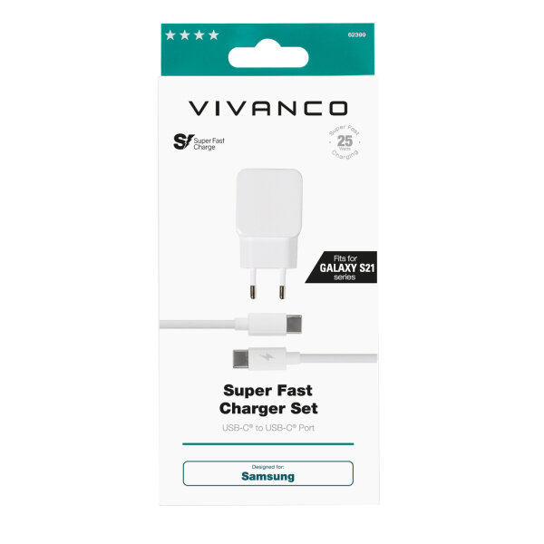 VIVANCO TRAVEL CHARGER PD 25W FOR SAMSUNG + DATA CABLE TYPE C white