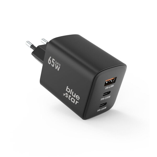 BLUE STAR TRAVEL CHARGER GaN PD QC4.0 65W 2 X TYPE C / 1 X USB PORT black