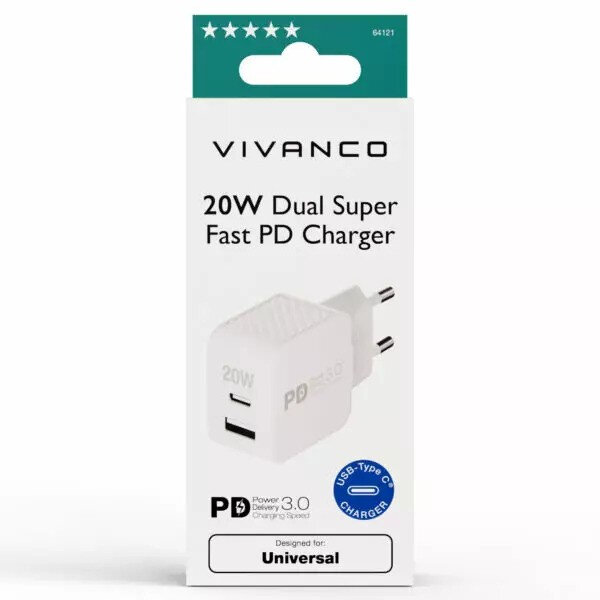 VIVANCO TRAVEL CHARGER 20W PD 3.0 2xPORTS white