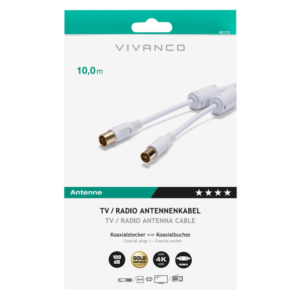 VIVANCO ANTENNA CABLE 10m COAX PLUG-COAX SOCKET GOLD PLATED white