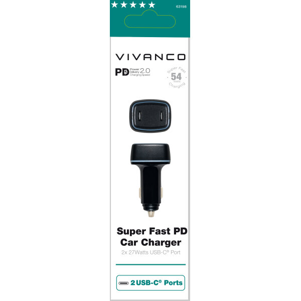 VIVANCO CAR CHARGER DUAL TYPE C 54W black